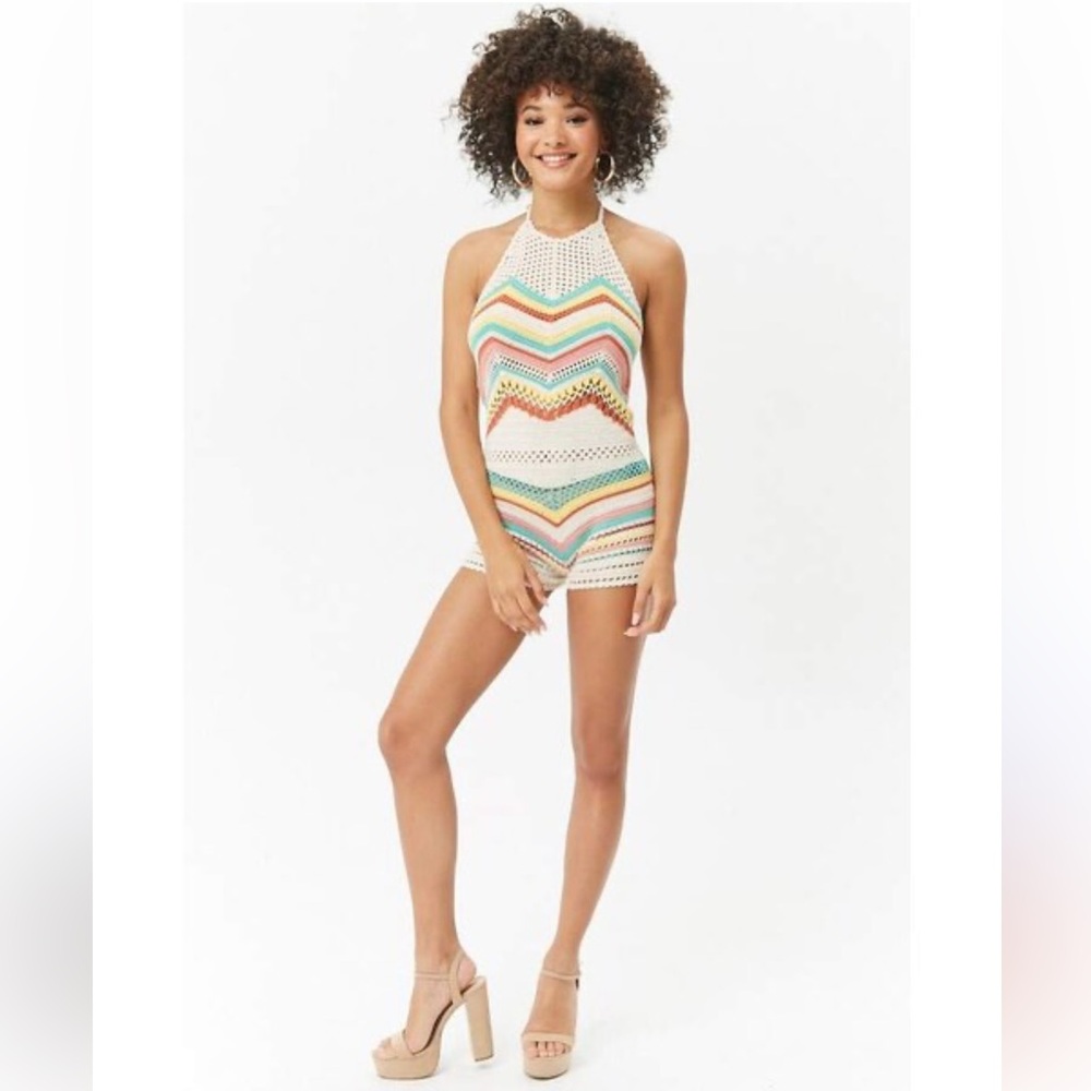 Striped Crochet Halter Romper cotton Pastel S - Picture 3 of 14